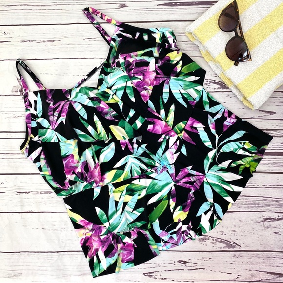 Aqua Green Tiered Leaf Print Tankini Top - Picture 3 of 8